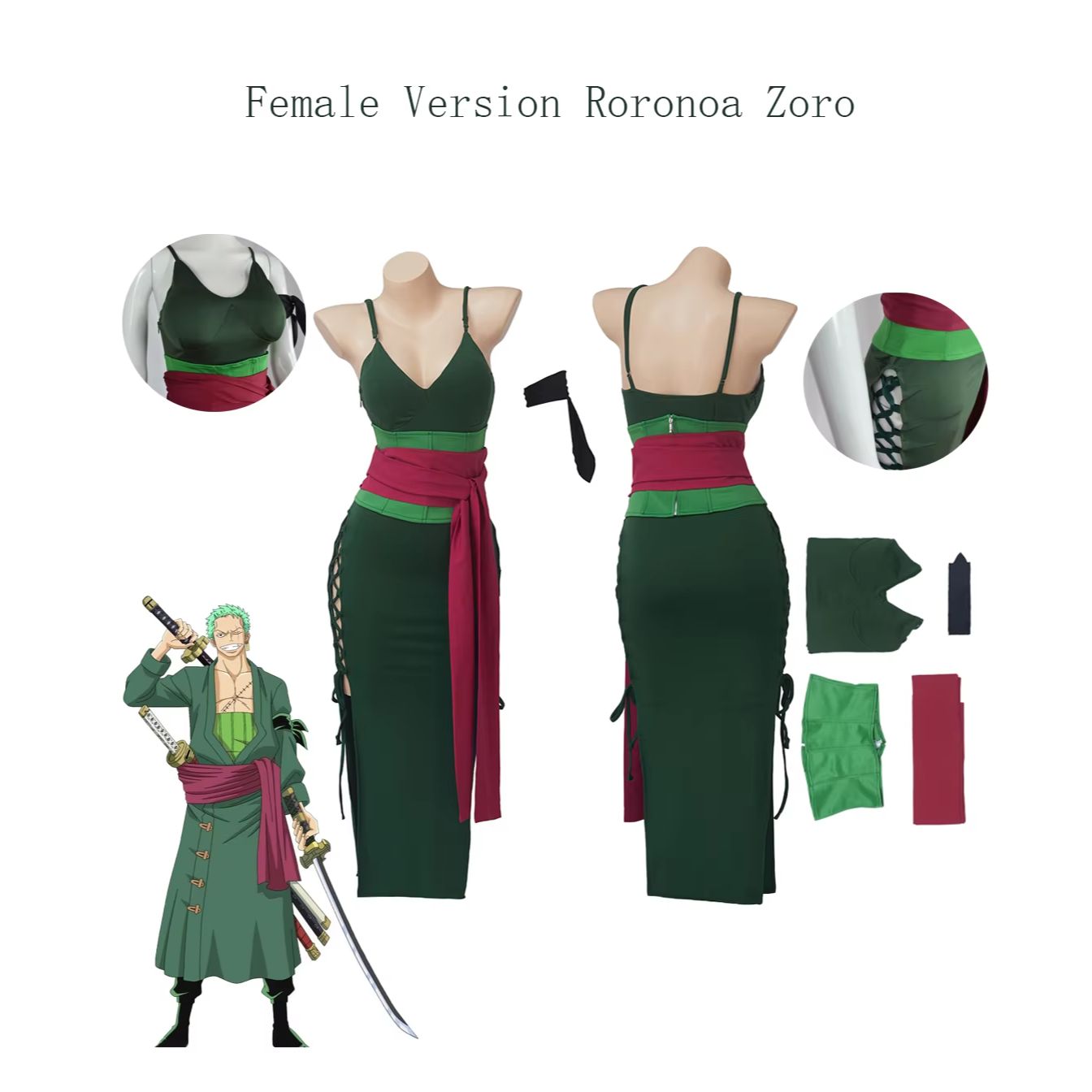 Cosplay Anime Zoro - Roronoa Zoro Cosplay-Kostüm für Damen, grünes