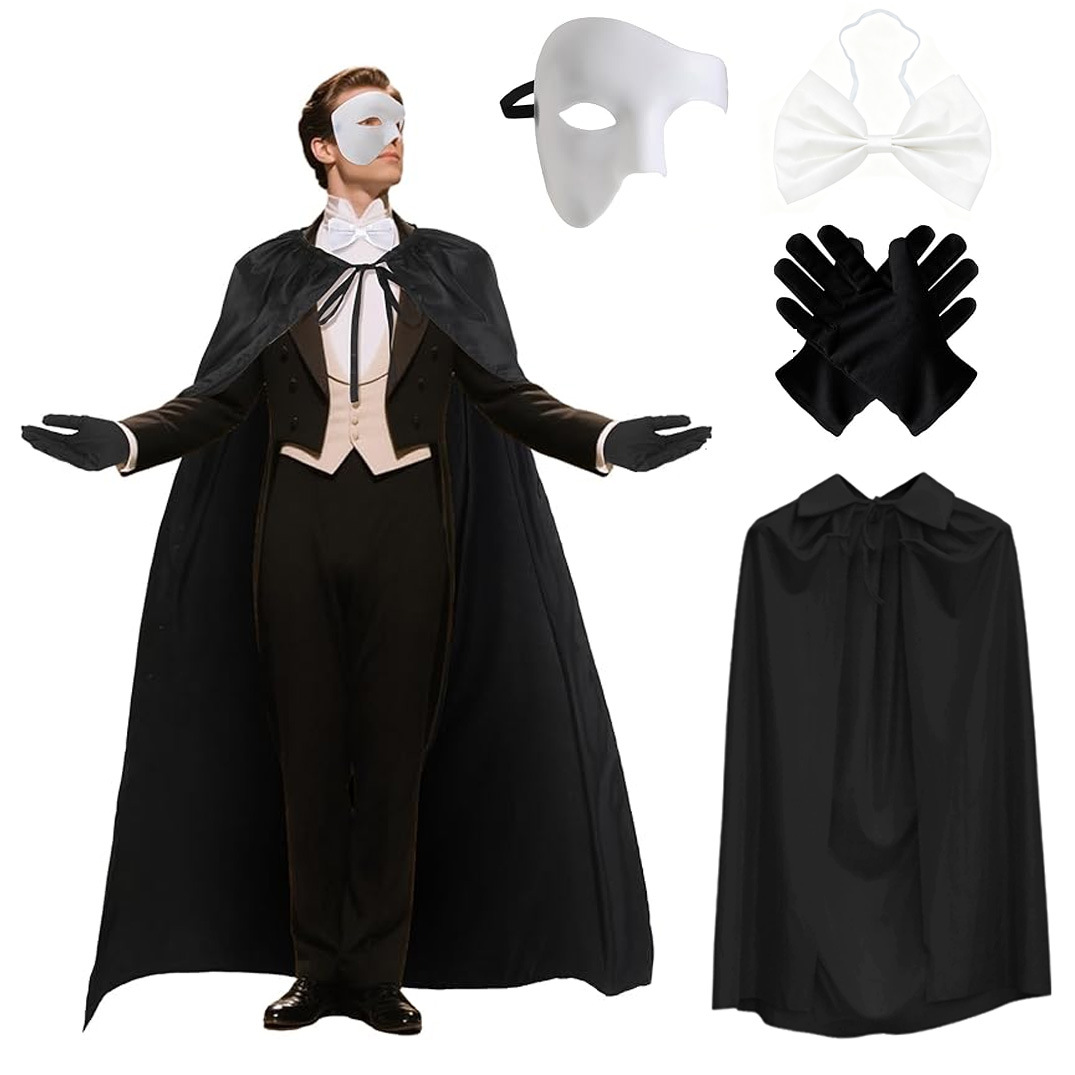 Anime Cosplay Face - 4-teiliges Gothic-Zauberer-Kostüm-Set mit halber Gesichtsmaske, Fliege,